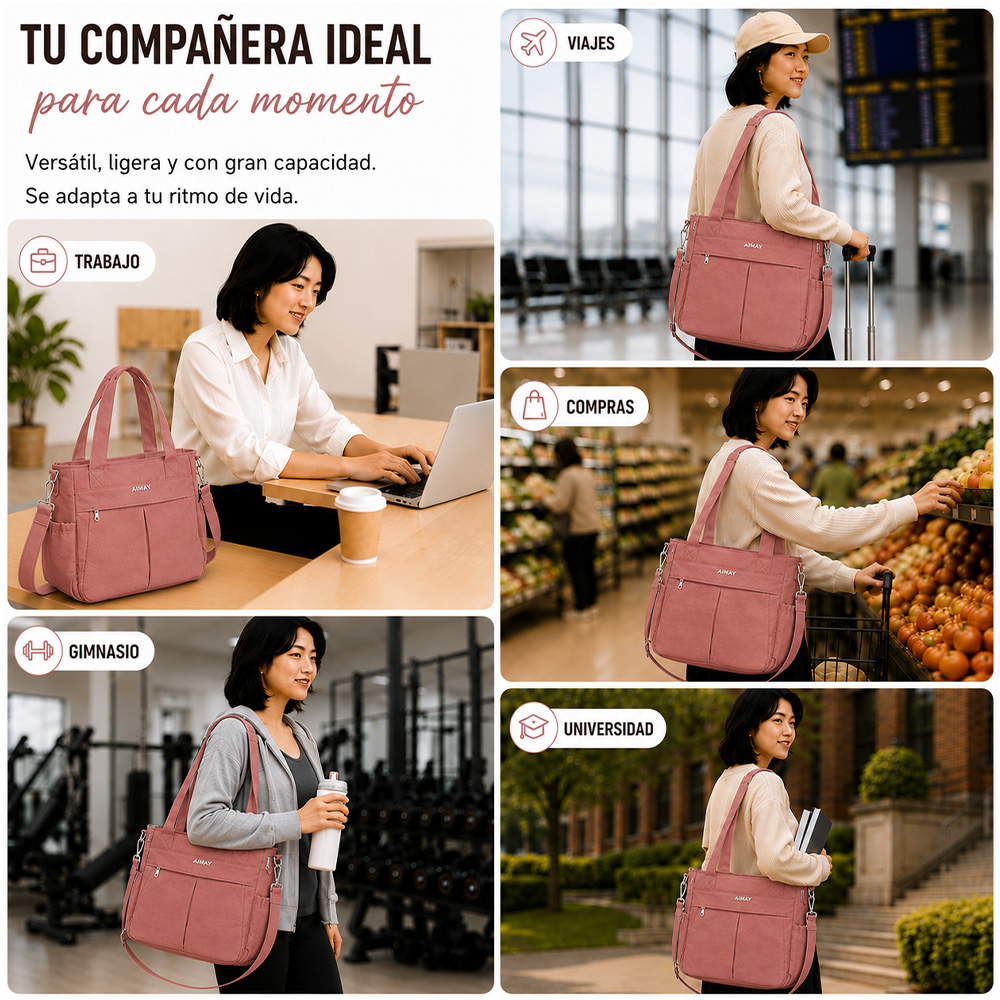 BOLSO PARA MUJER IMPERMEABLE CON GRAN CAPACIDAD Y CORREA AJUSTABLE ROSADO CT2 - 5