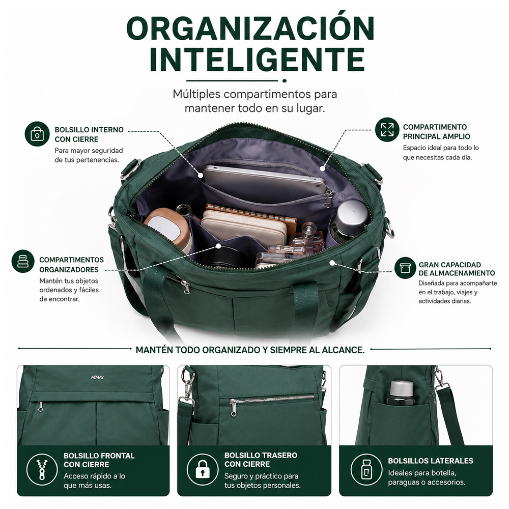 BOLSO PARA MUJER IMPERMEABLE CON GRAN CAPACIDAD Y CORREA AJUSTABLE VERDE CT2 - 2