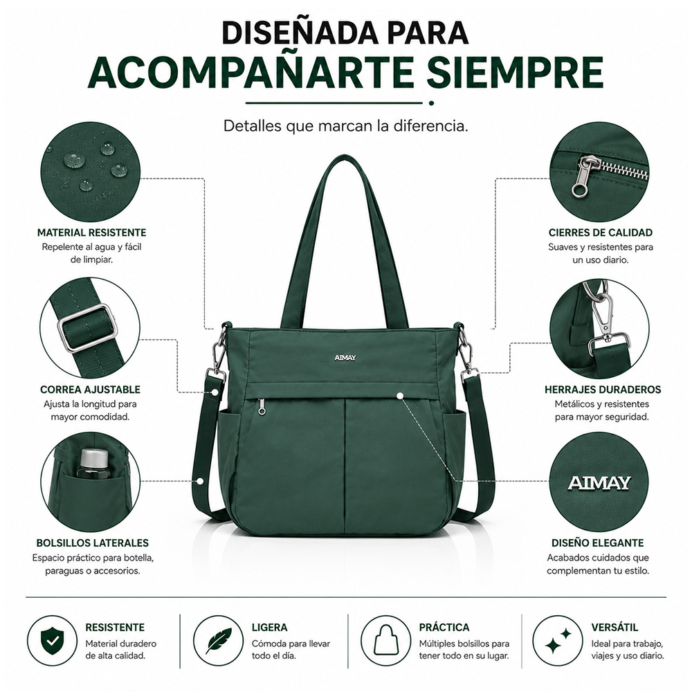 BOLSO PARA MUJER IMPERMEABLE CON GRAN CAPACIDAD Y CORREA AJUSTABLE VERDE CT2 - 4