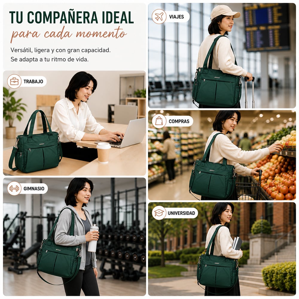 BOLSO PARA MUJER IMPERMEABLE CON GRAN CAPACIDAD Y CORREA AJUSTABLE VERDE CT2 - 5
