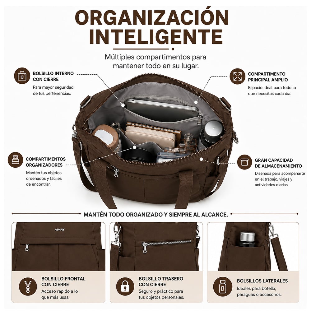BOLSO PARA MUJER IMPERMEABLE CON GRAN CAPACIDAD Y CORREA AJUSTABLE MARRÓN CT2 - 2