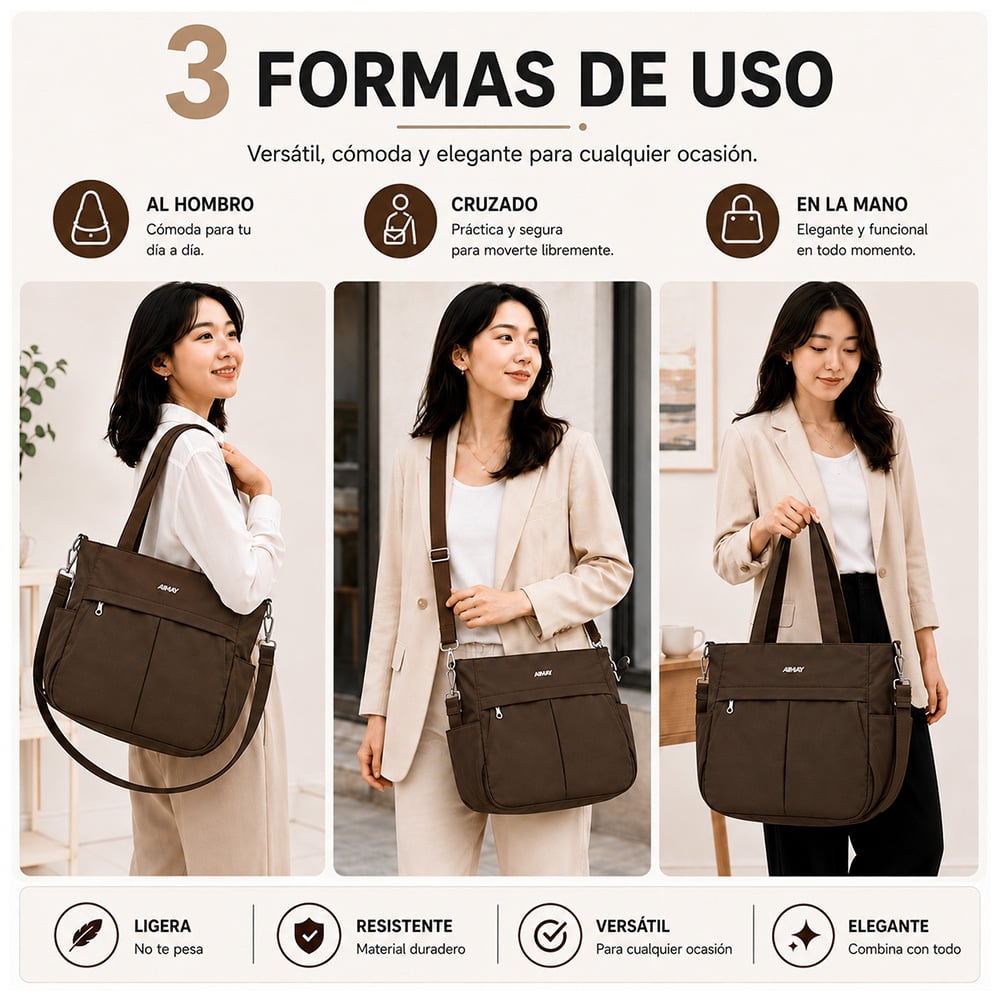 BOLSO PARA MUJER IMPERMEABLE CON GRAN CAPACIDAD Y CORREA AJUSTABLE MARRÓN CT2 - 3