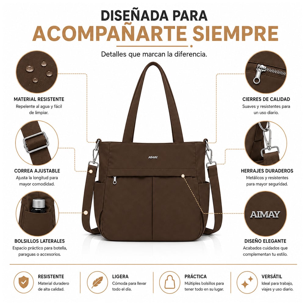 BOLSO PARA MUJER IMPERMEABLE CON GRAN CAPACIDAD Y CORREA AJUSTABLE MARRÓN CT2 - 4