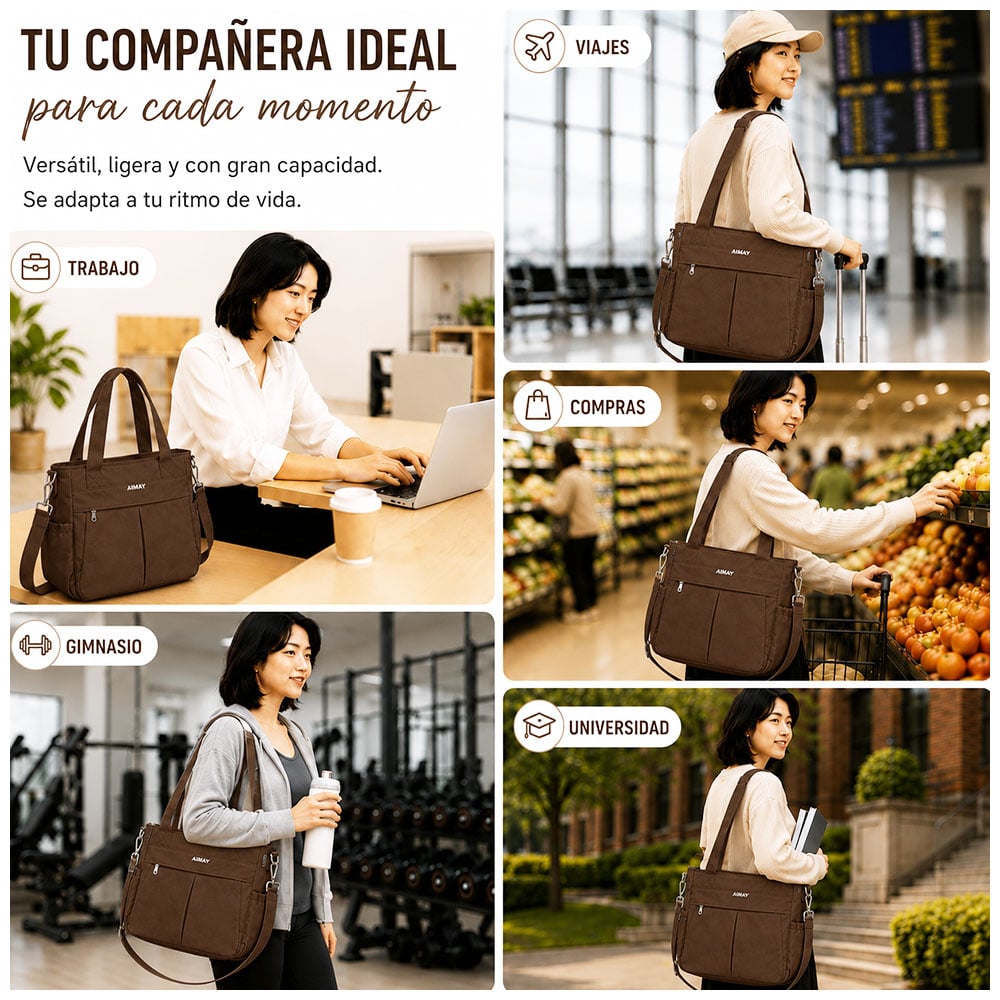 BOLSO PARA MUJER IMPERMEABLE CON GRAN CAPACIDAD Y CORREA AJUSTABLE MARRÓN CT2 - 5