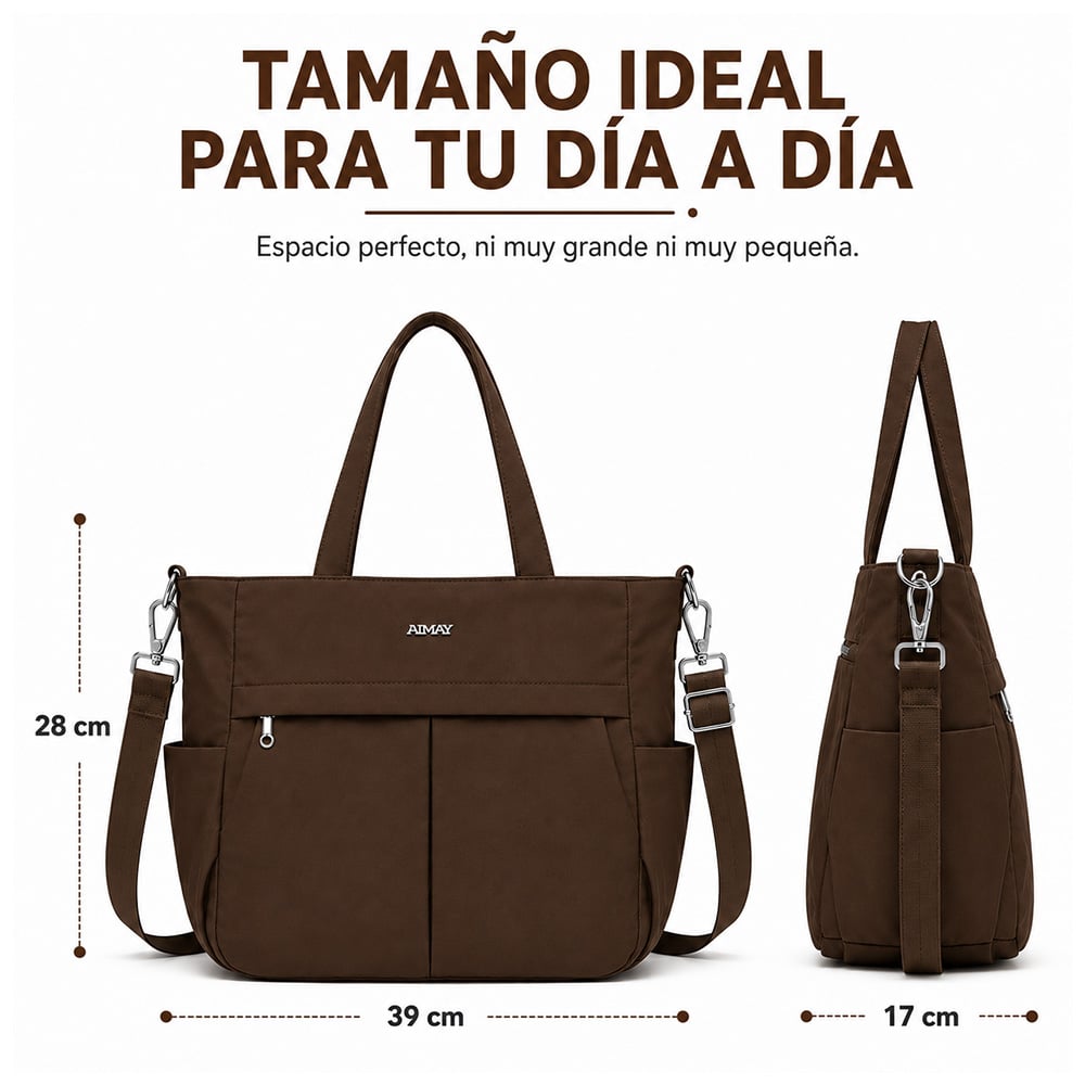 BOLSO PARA MUJER IMPERMEABLE CON GRAN CAPACIDAD Y CORREA AJUSTABLE MARRÓN CT2 - 6