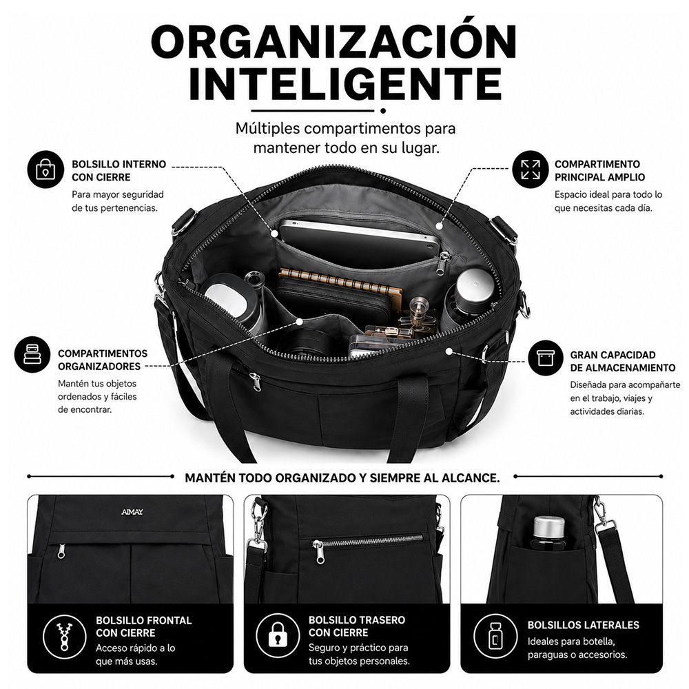 BOLSO PARA MUJER IMPERMEABLE CON GRAN CAPACIDAD Y CORREA AJUSTABLE NEGRO CT2 - 2