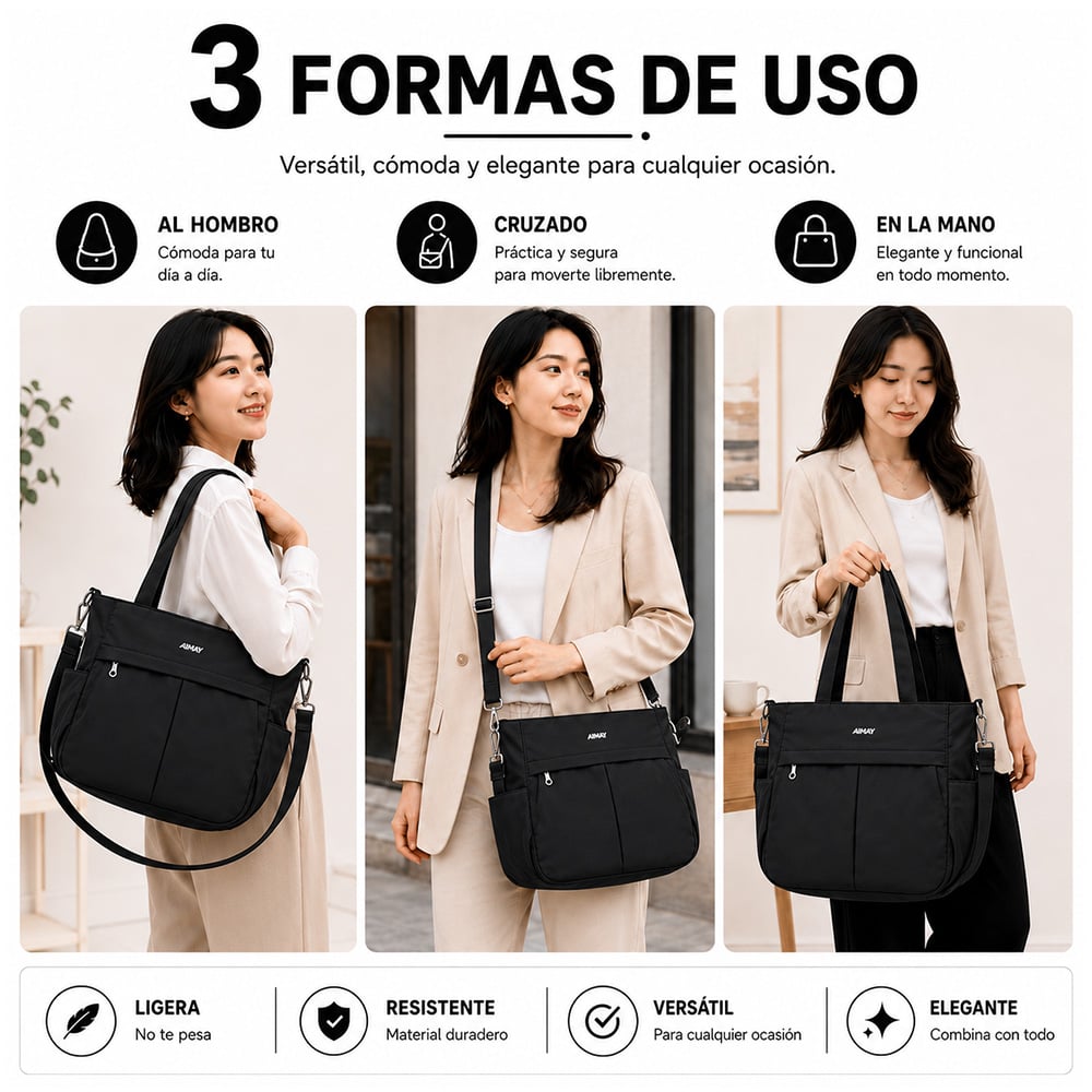 BOLSO PARA MUJER IMPERMEABLE CON GRAN CAPACIDAD Y CORREA AJUSTABLE NEGRO CT2 - 3