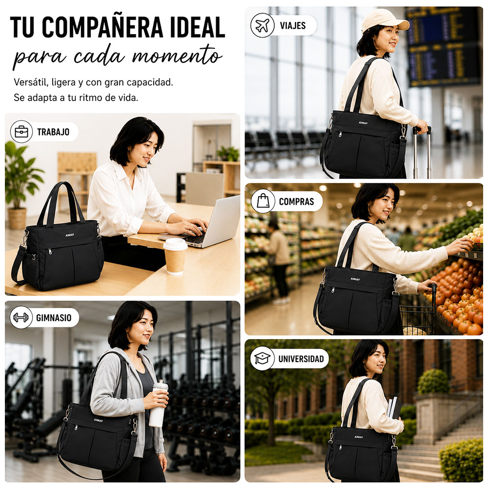 BOLSO PARA MUJER IMPERMEABLE CON GRAN CAPACIDAD Y CORREA AJUSTABLE NEGRO CT2 - 5