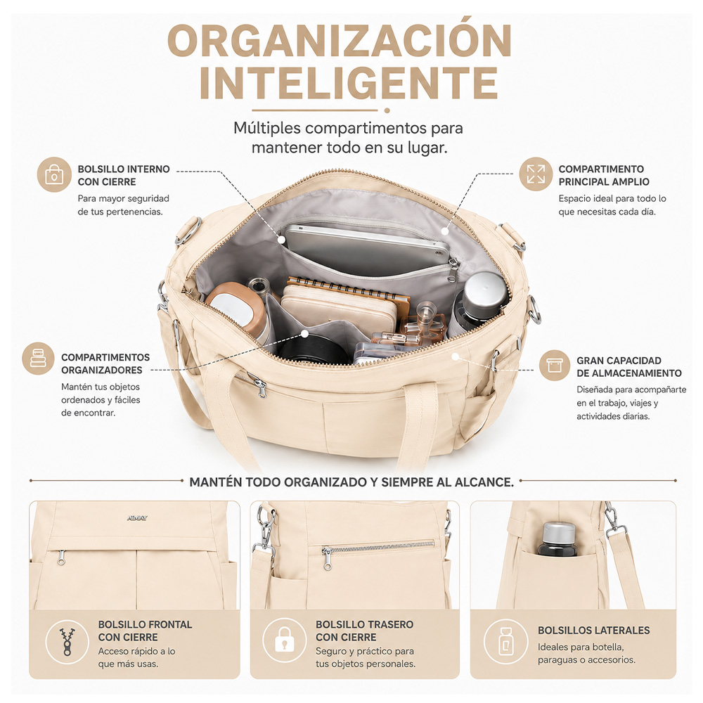 BOLSO PARA MUJER IMPERMEABLE CON GRAN CAPACIDAD Y CORREA AJUSTABLE CREMA CT2 - 2