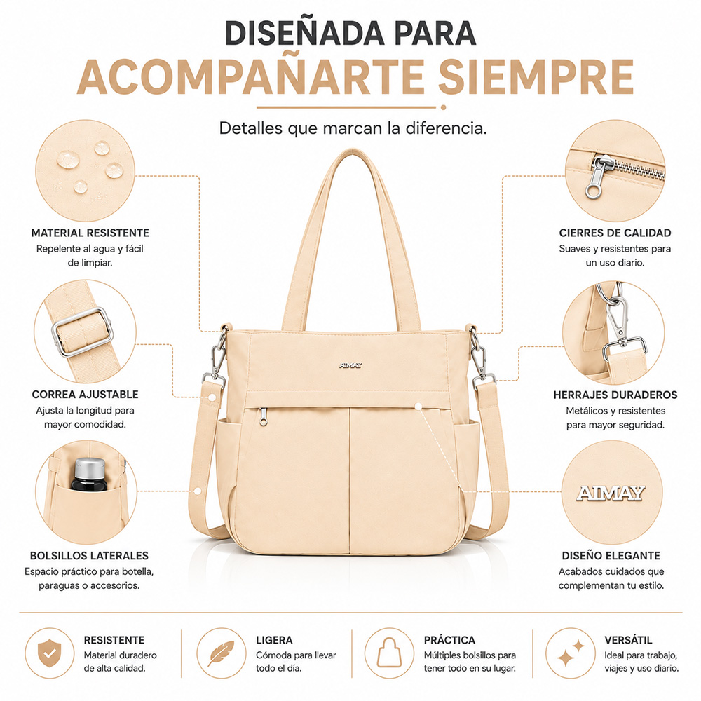 BOLSO PARA MUJER IMPERMEABLE CON GRAN CAPACIDAD Y CORREA AJUSTABLE CREMA CT2 - 4