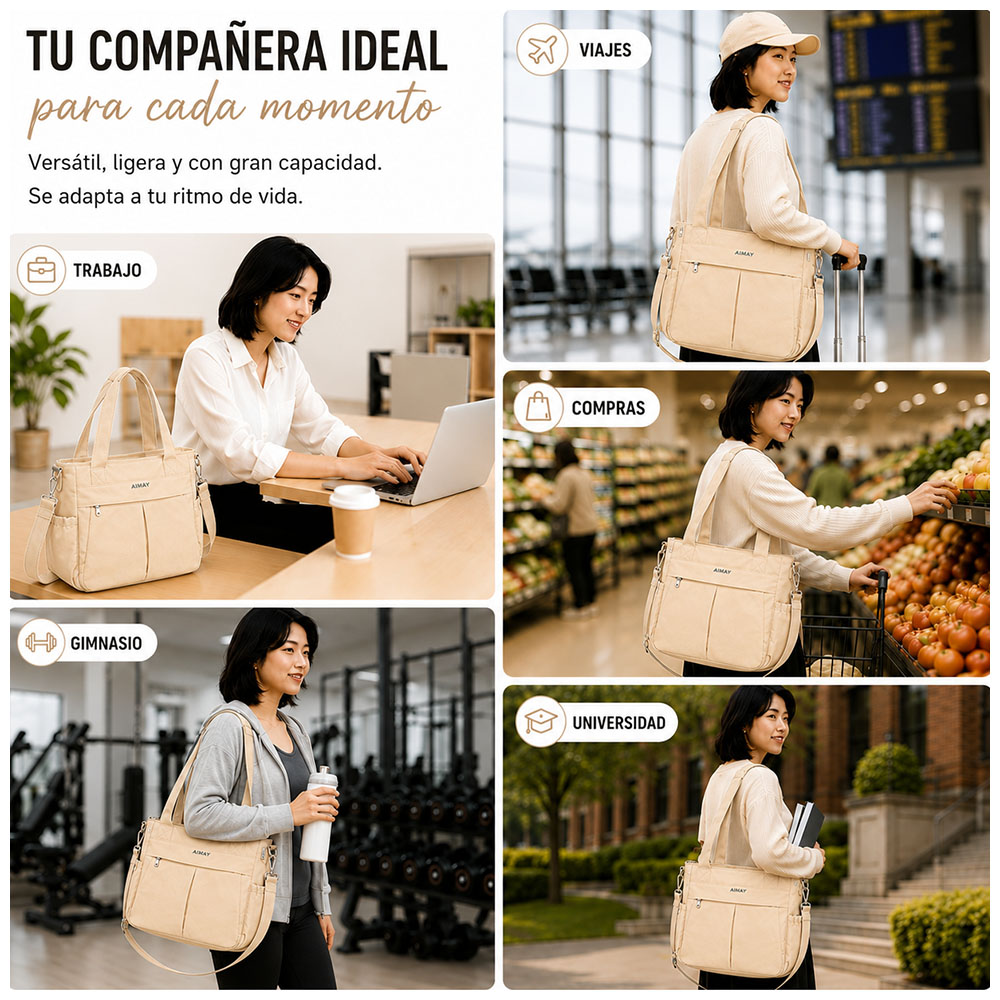 BOLSO PARA MUJER IMPERMEABLE CON GRAN CAPACIDAD Y CORREA AJUSTABLE CREMA CT2 - 5