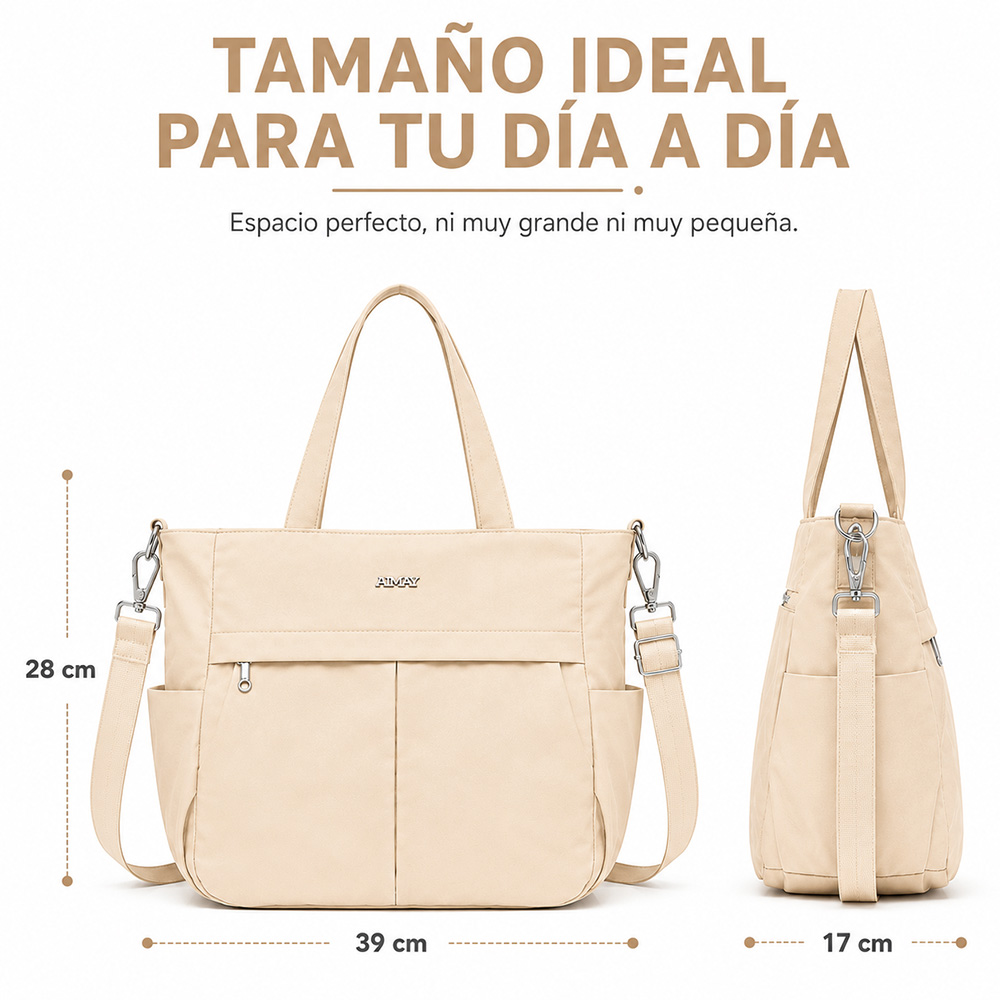BOLSO PARA MUJER IMPERMEABLE CON GRAN CAPACIDAD Y CORREA AJUSTABLE CREMA CT2 - 6