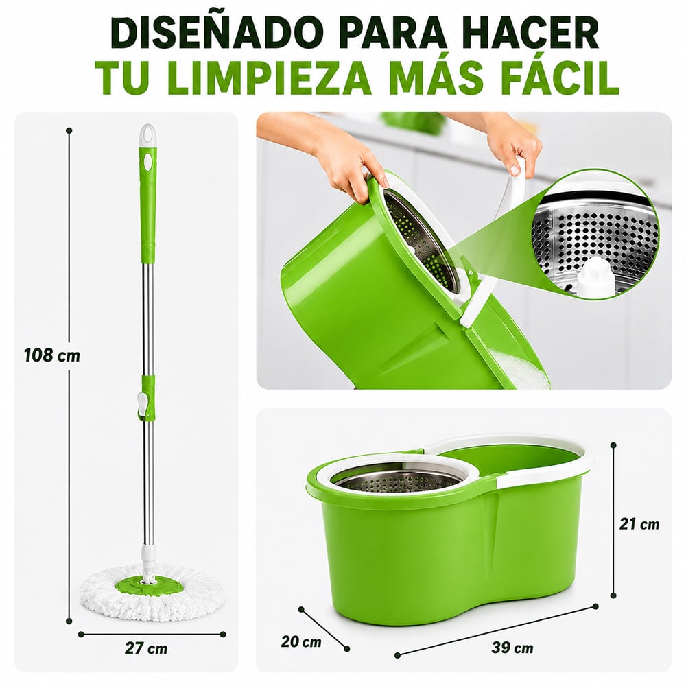 TRAPEADOR CON ESCURRIDOR GIRATORIO AUTOMÁTICO Y 2 MOPAS VERDE BY1 - 5