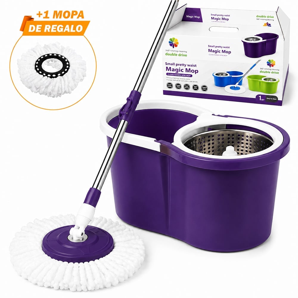 TRAPEADOR CON ESCURRIDOR GIRATORIO AUTOMÁTICO Y 2 MOPAS MORADO BY1 - 1