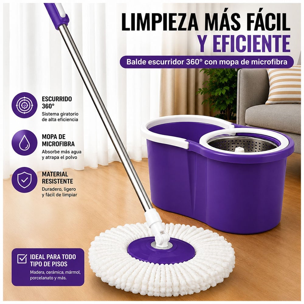 TRAPEADOR CON ESCURRIDOR GIRATORIO AUTOMÁTICO Y 2 MOPAS MORADO BY1 - 2