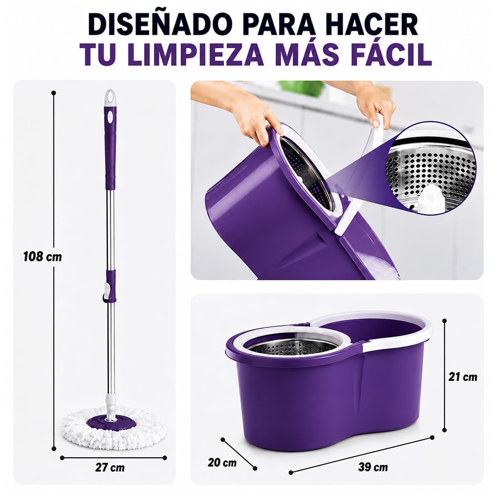 TRAPEADOR CON ESCURRIDOR GIRATORIO AUTOMÁTICO Y 2 MOPAS MORADO BY1 - 5