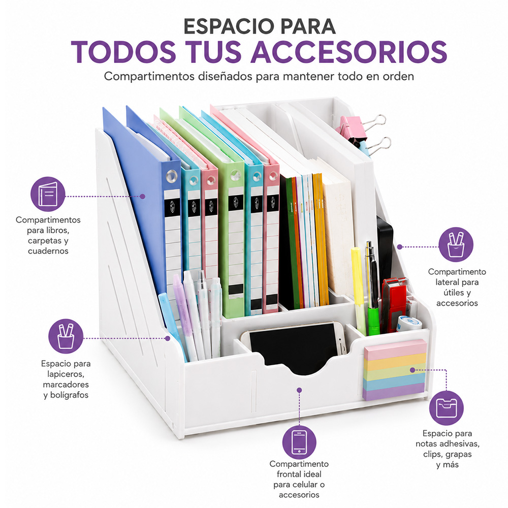 ORGANIZADOR DE ESCRITORIO CON COMPARTIMENTOS PARA OFICINA ESTUDIO Y HOGAR A42 - 3