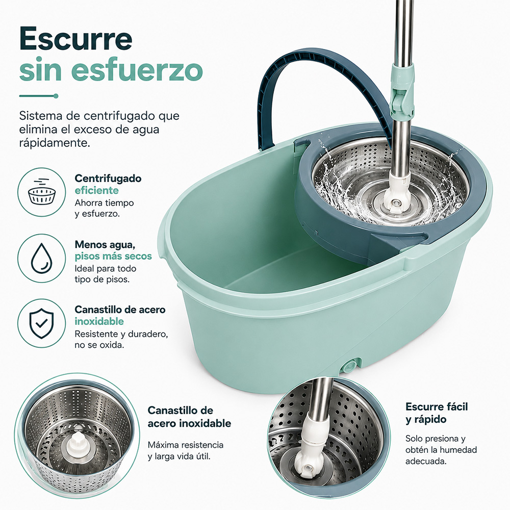 TRAPEADOR PREMIUM CON ESCURRIDOR GIRATORIO AUTOMÁTICO Y 3 MOPAS VERDE - 3