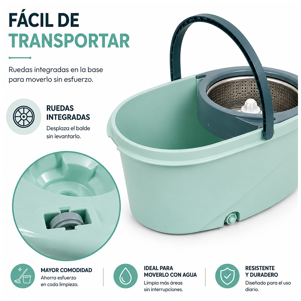 TRAPEADOR PREMIUM CON ESCURRIDOR GIRATORIO AUTOMÁTICO Y 3 MOPAS VERDE - 5
