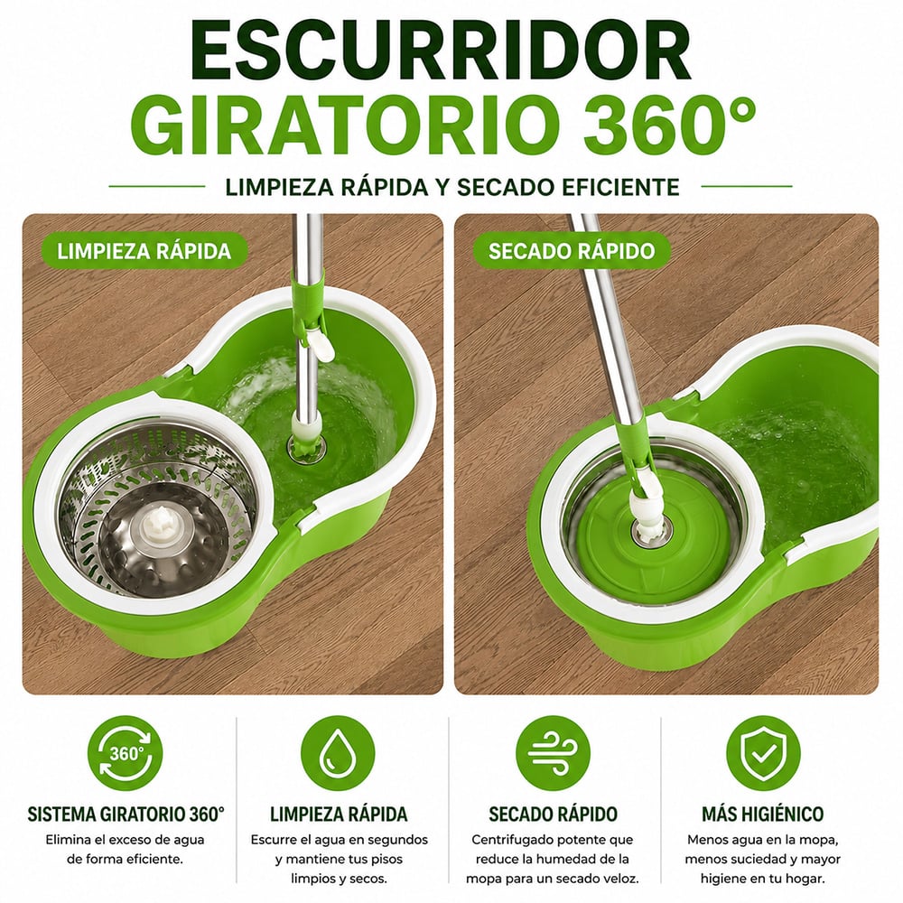 TRAPEADOR CON ESCURRIDOR GIRATORIO AUTOMÁTICO Y 2 MOPAS ALEATORIO BY1 - 5