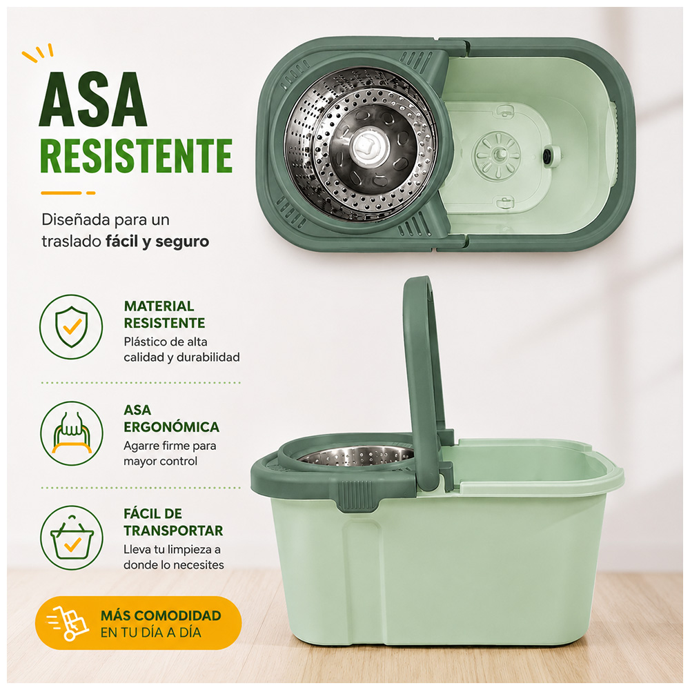TRAPEADOR CUADRADO CON ESCURRIDOR GIRATORIO Y MOPA DE REGALO VERDE HH2 - 5