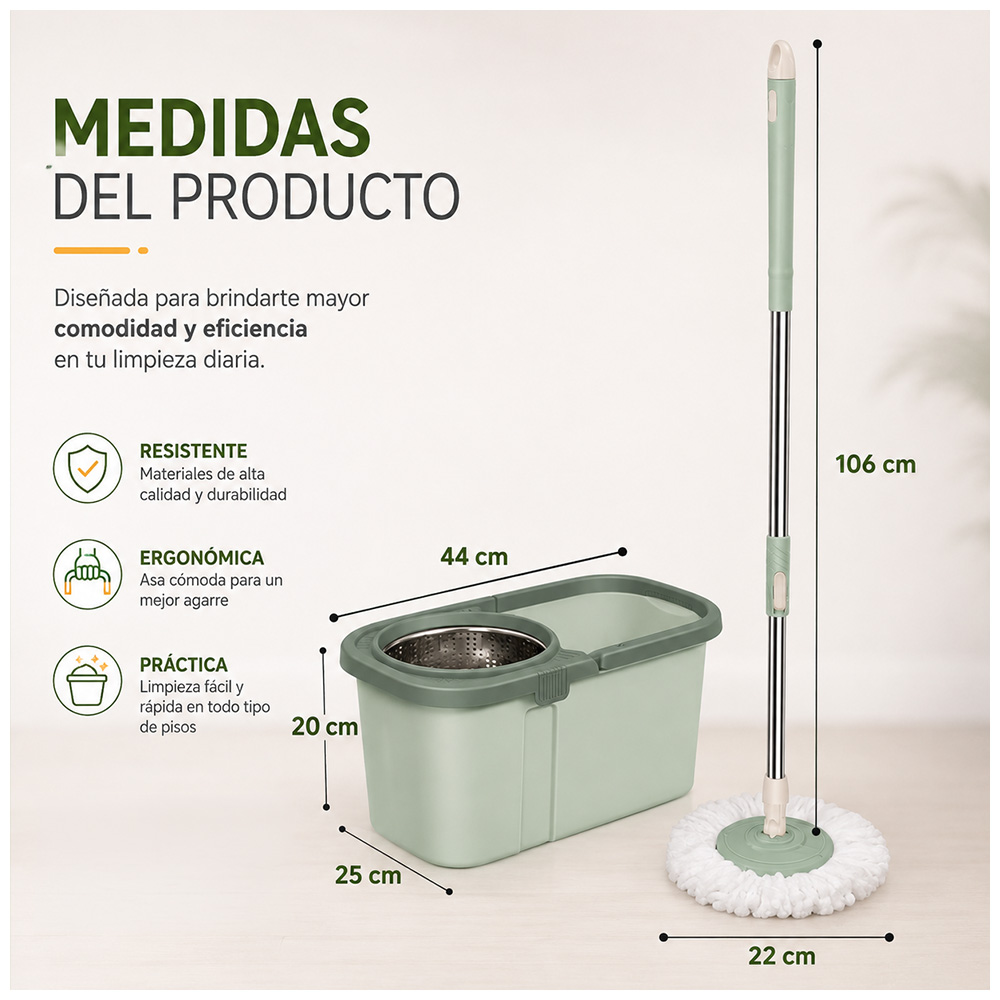 TRAPEADOR CUADRADO CON ESCURRIDOR GIRATORIO Y MOPA DE REGALO VERDE HH2 - 6