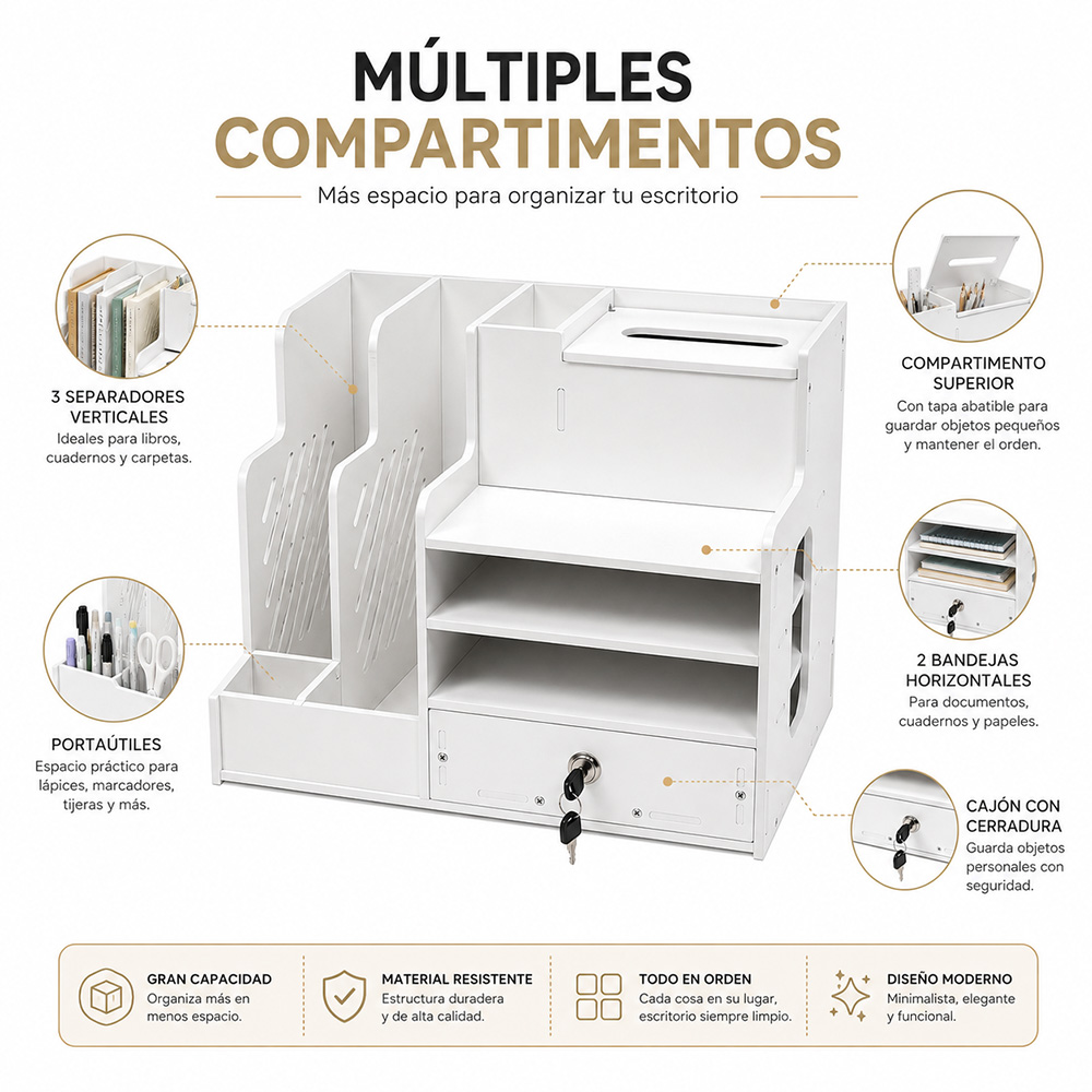 ORGANIZADOR DE ESCRITORIO MULTIFUNCIONAL CON CAJÓN CON LLAVE G87 - 3