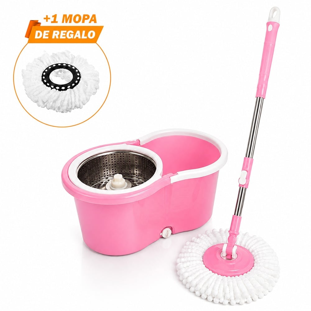 TRAPEADOR CON ESCURRIDOR GIRATORIO AUTOMÁTICO CON MOPA DE REGALO ROSA WW1 - 1