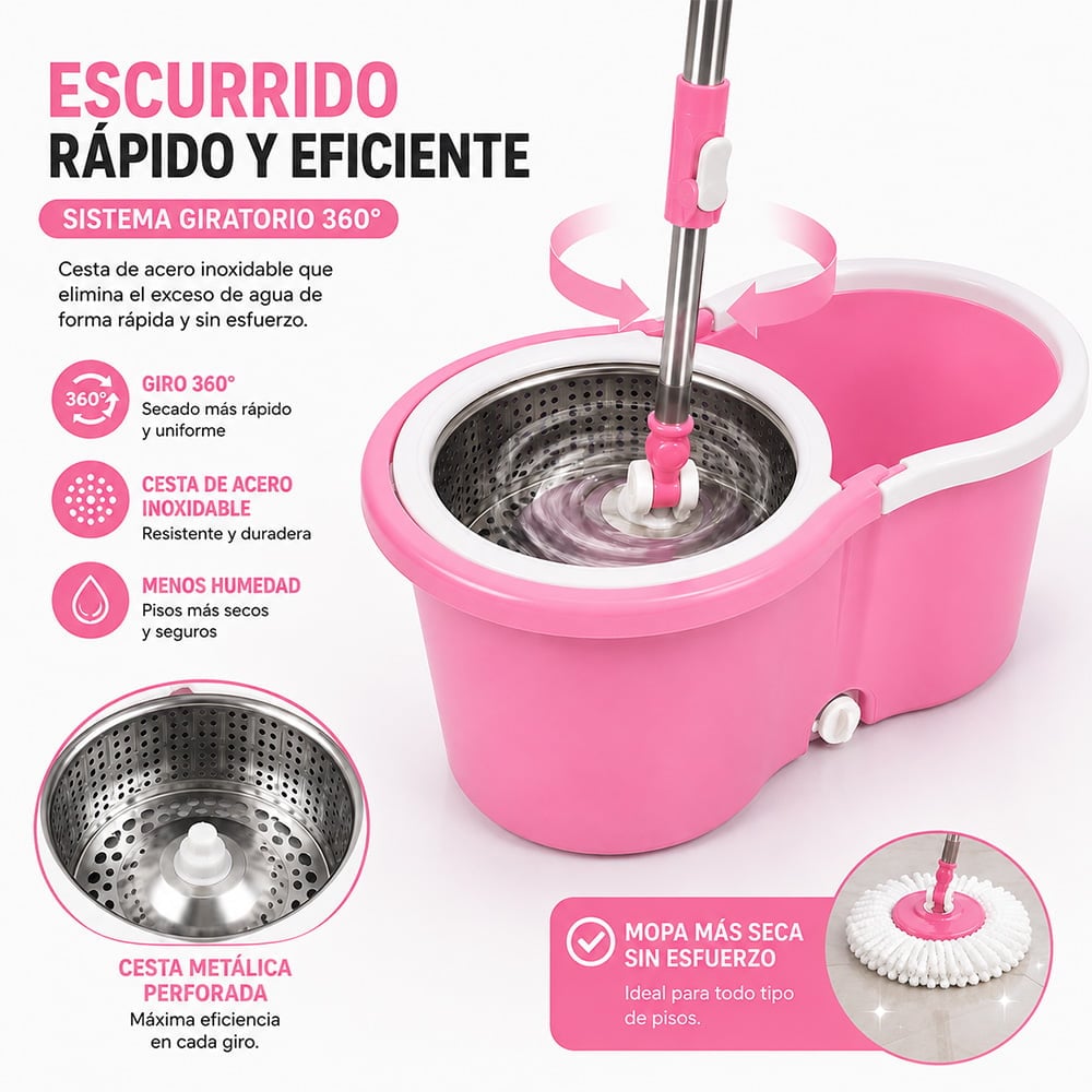 TRAPEADOR CON ESCURRIDOR GIRATORIO AUTOMÁTICO CON MOPA DE REGALO ROSA WW1 - 2