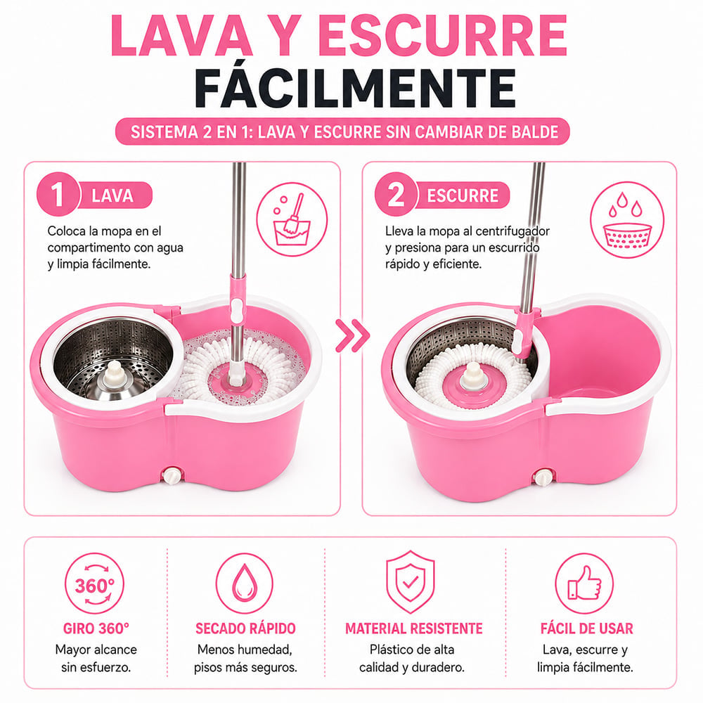 TRAPEADOR CON ESCURRIDOR GIRATORIO AUTOMÁTICO CON MOPA DE REGALO ROSA WW1 - 3