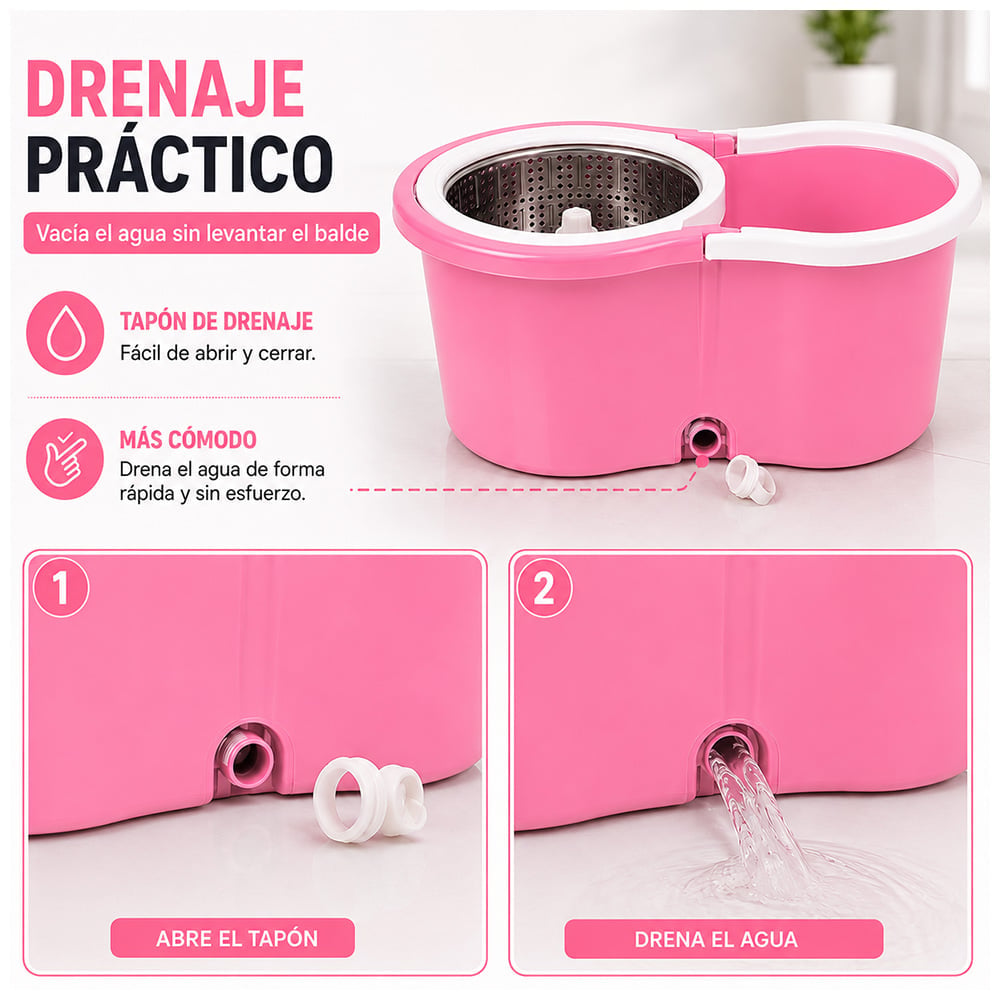 TRAPEADOR CON ESCURRIDOR GIRATORIO AUTOMÁTICO CON MOPA DE REGALO ROSA WW1 - 4