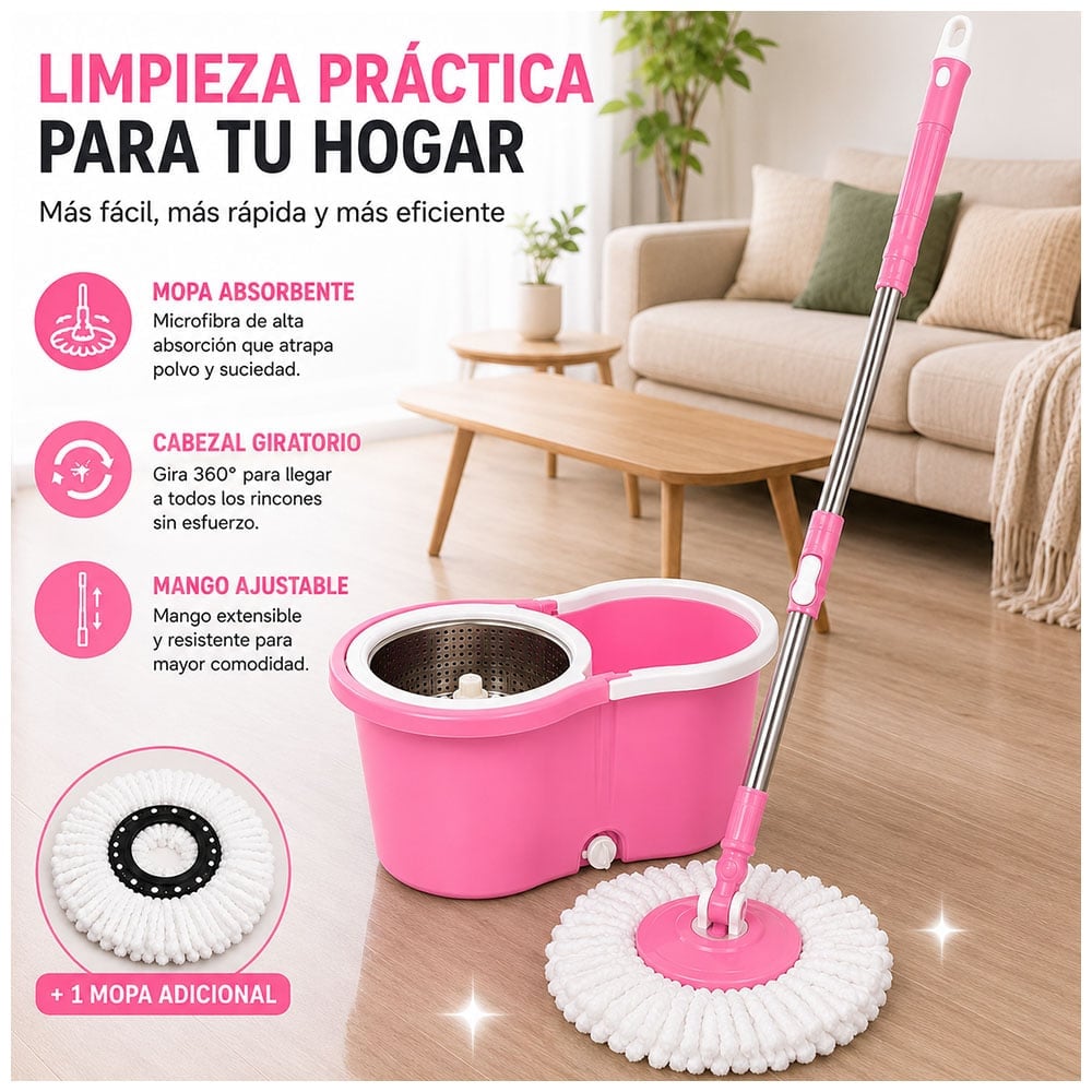 TRAPEADOR CON ESCURRIDOR GIRATORIO AUTOMÁTICO CON MOPA DE REGALO ROSA WW1 - 5