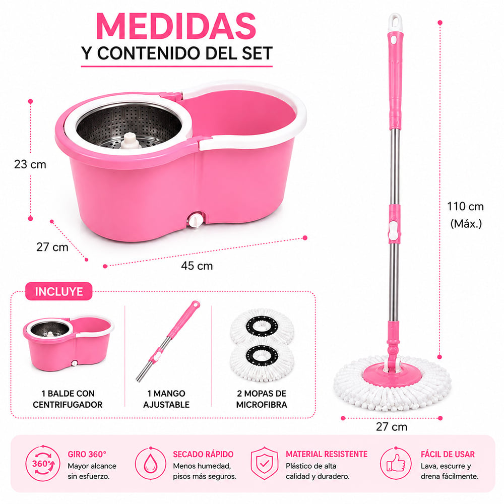 TRAPEADOR CON ESCURRIDOR GIRATORIO AUTOMÁTICO CON MOPA DE REGALO ROSA WW1 - 6