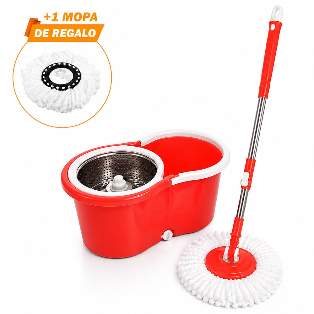 TRAPEADOR CON ESCURRIDOR GIRATORIO AUTOMÁTICO CON MOPA DE REGALO ROJO WW1 - 1