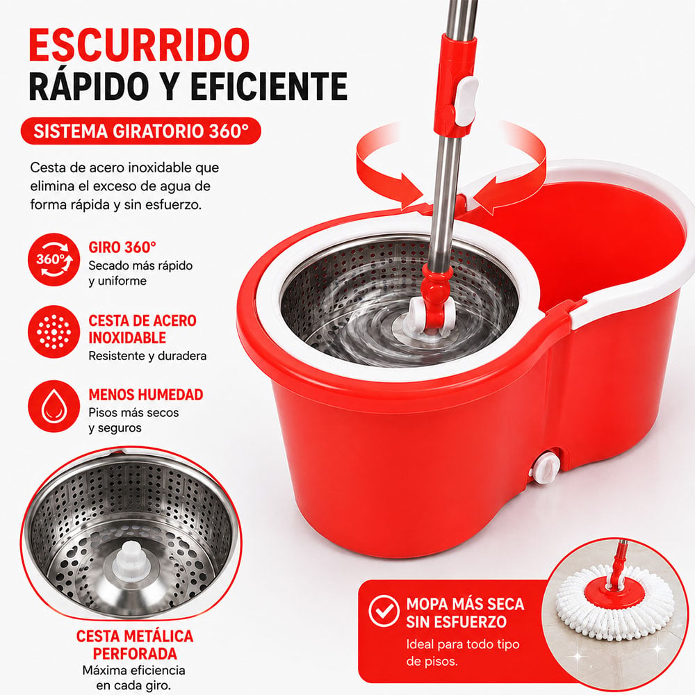 TRAPEADOR CON ESCURRIDOR GIRATORIO AUTOMÁTICO CON MOPA DE REGALO ROJO WW1 - 2