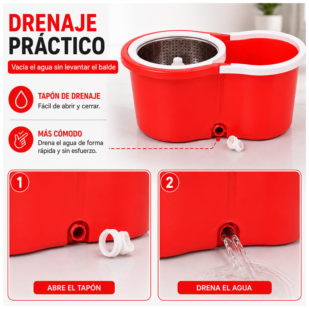 TRAPEADOR CON ESCURRIDOR GIRATORIO AUTOMÁTICO CON MOPA DE REGALO ROJO WW1 - 4