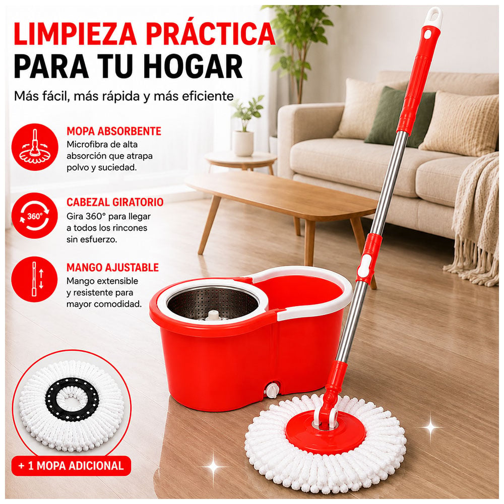 TRAPEADOR CON ESCURRIDOR GIRATORIO AUTOMÁTICO CON MOPA DE REGALO ROJO WW1 - 5