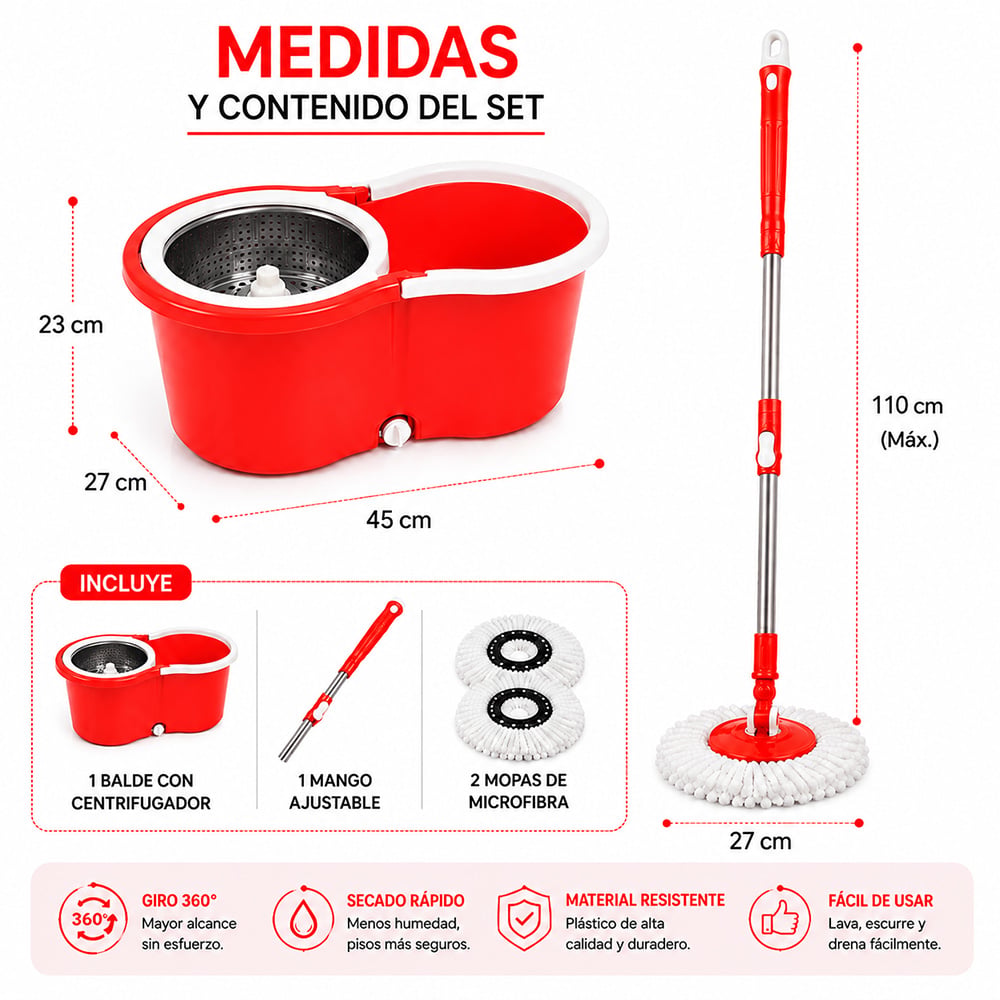 TRAPEADOR CON ESCURRIDOR GIRATORIO AUTOMÁTICO CON MOPA DE REGALO ROJO WW1 - 6