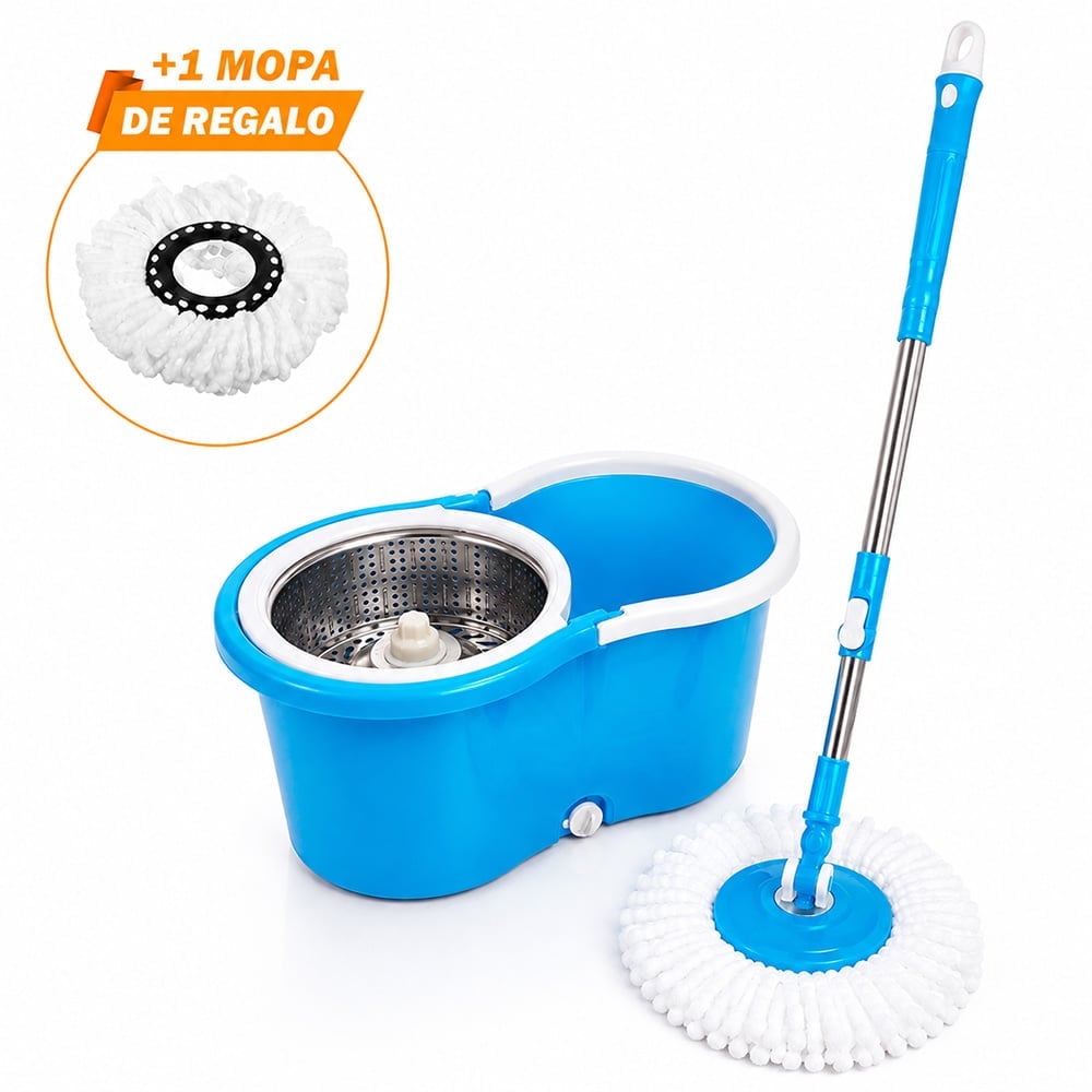 TRAPEADOR CON ESCURRIDOR GIRATORIO AUTOMÁTICO CON MOPA DE REGALO CELESTE WW1 - 1