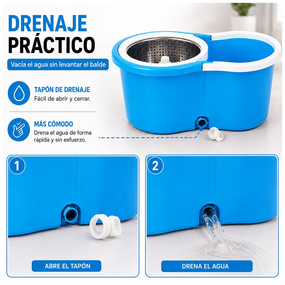 TRAPEADOR CON ESCURRIDOR GIRATORIO AUTOMÁTICO CON MOPA DE REGALO CELESTE WW1 - 4