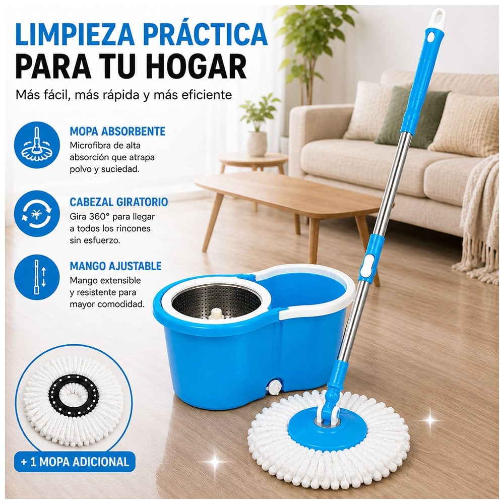 TRAPEADOR CON ESCURRIDOR GIRATORIO AUTOMÁTICO CON MOPA DE REGALO CELESTE WW1 - 5