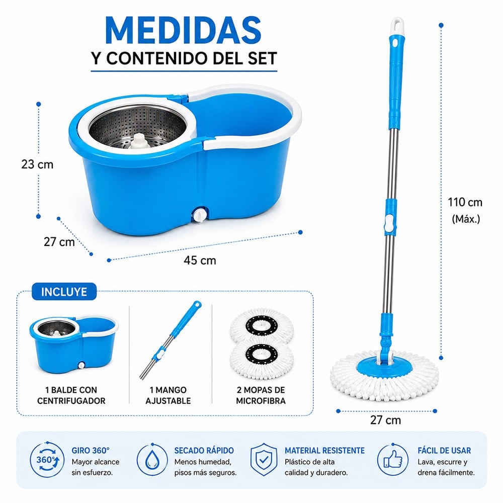 TRAPEADOR CON ESCURRIDOR GIRATORIO AUTOMÁTICO CON MOPA DE REGALO CELESTE WW1 - 6