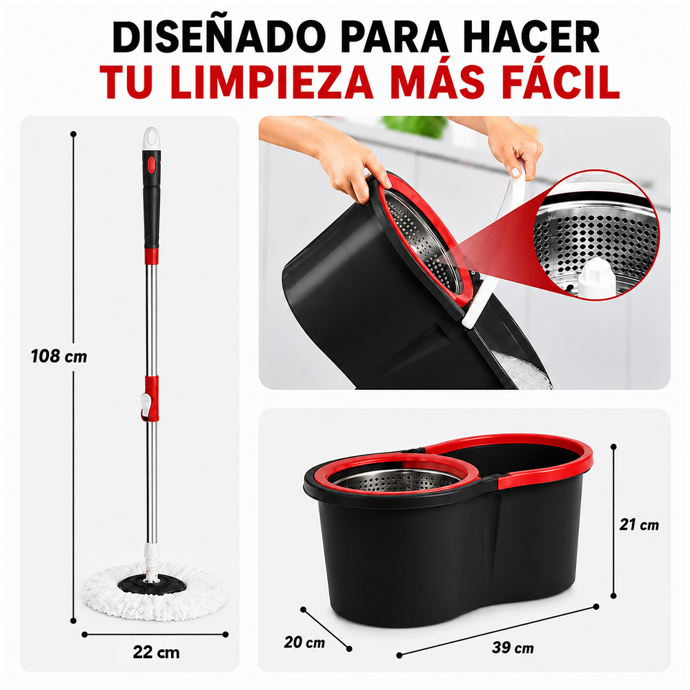 TRAPEADOR CON ESCURRIDOR GIRATORIO AUTOMÁTICO Y 1 MOPA NEGRO BY1 - 5