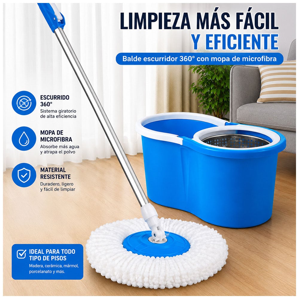 TRAPEADOR CON ESCURRIDOR GIRATORIO AUTOMÁTICO Y 1 MOPA CELESTE BY1 - 2
