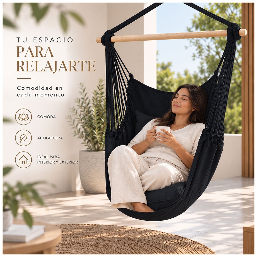 HAMACA SILLA COLGANTE PORTÁTIL CON COJINES NEGRO LJ4 - 2