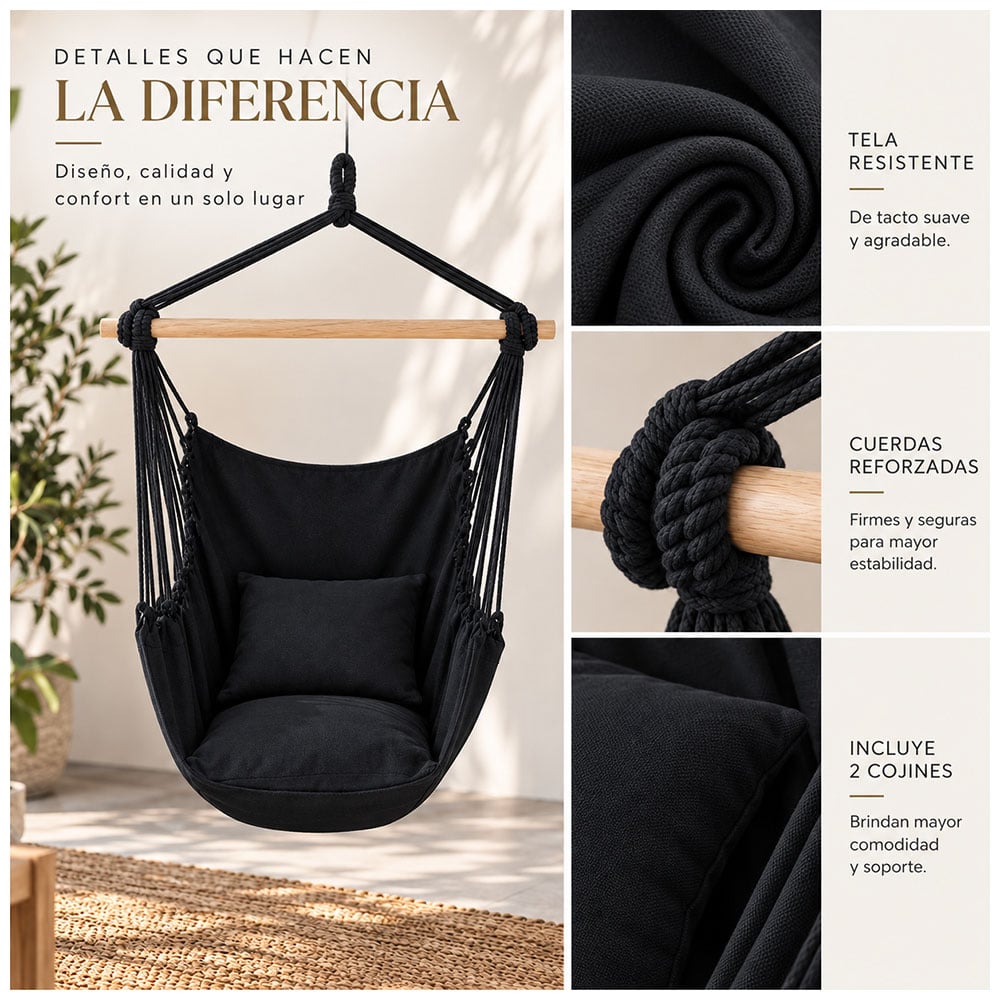 HAMACA SILLA COLGANTE PORTÁTIL CON COJINES NEGRO LJ4 - 3