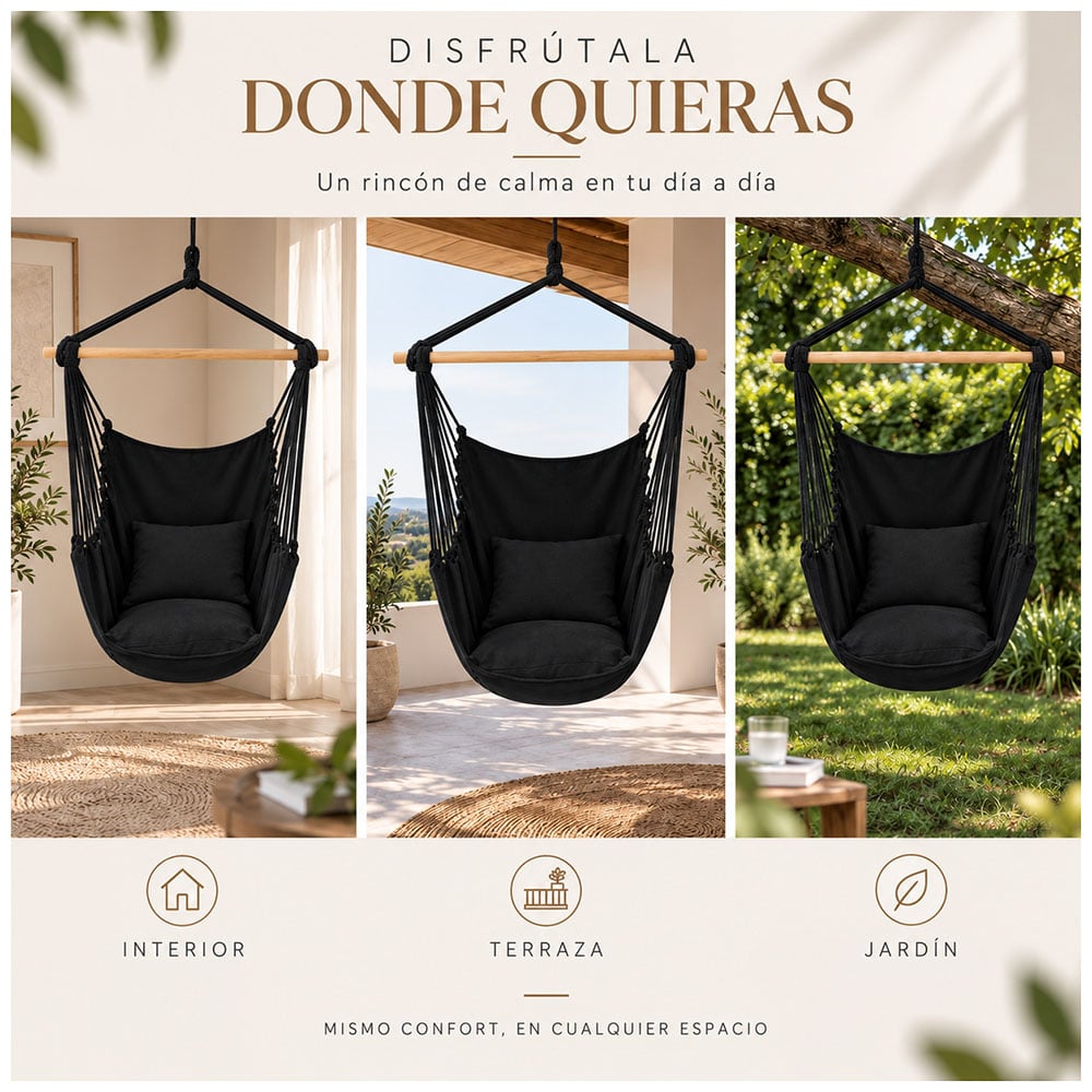 HAMACA SILLA COLGANTE PORTÁTIL CON COJINES NEGRO LJ4 - 4