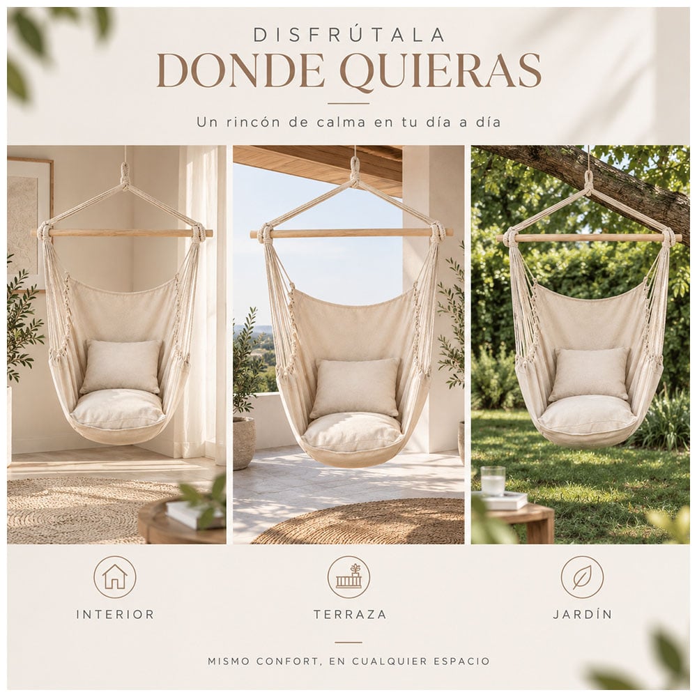 HAMACA SILLA COLGANTE PORTÁTIL CON COJINES BEIGE LJ4 - 4