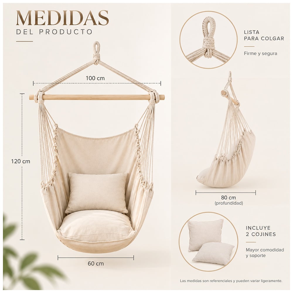 HAMACA SILLA COLGANTE PORTÁTIL CON COJINES BEIGE LJ4 - 5