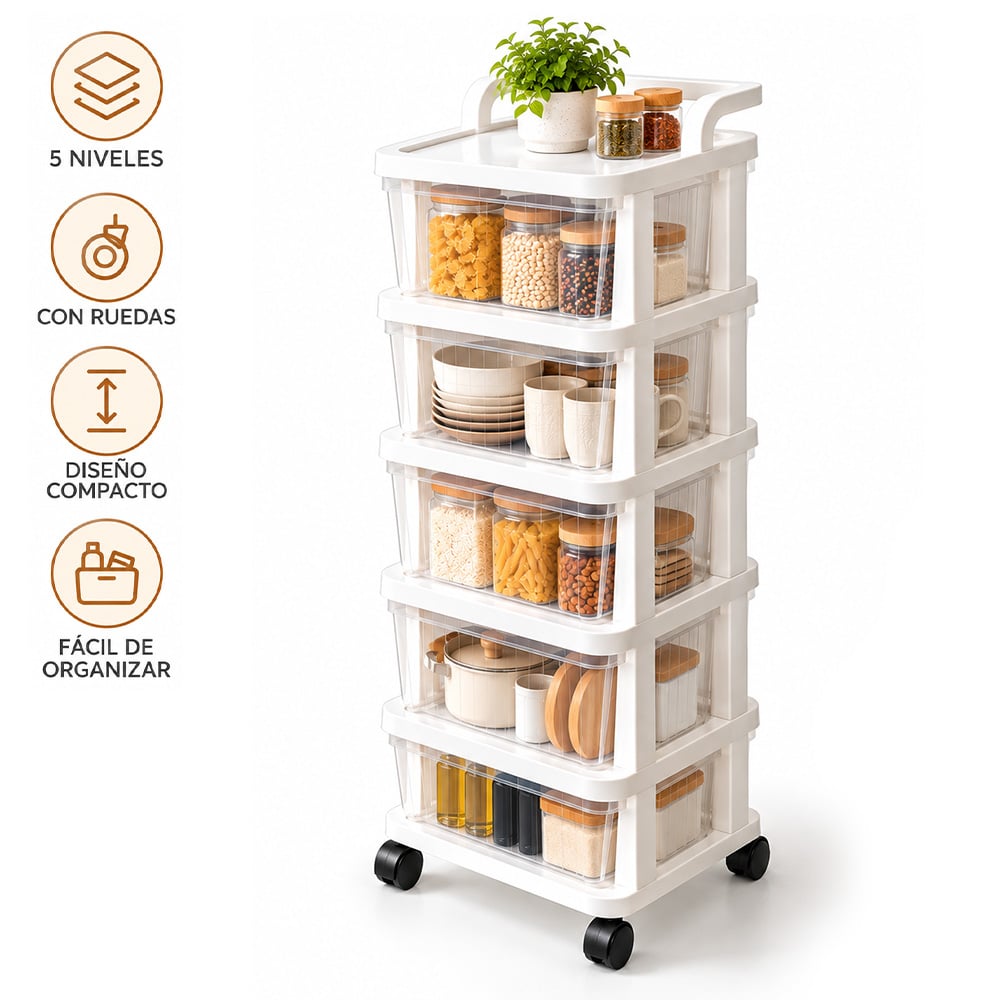CARRITO ORGANIZADOR MULTIUSO 4 NIVELES CON CAJONES Y RUEDAS 360° PARA COCINA KH5 - 1